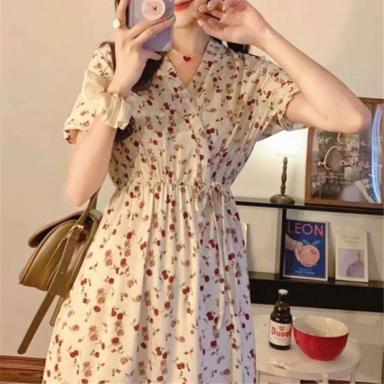 Đầm tay ngắn cổ chữ V cột dây nhấn eo dáng chữ A in họa tiết hoa thời trang mùa hè mới phong cách Pháp 2021