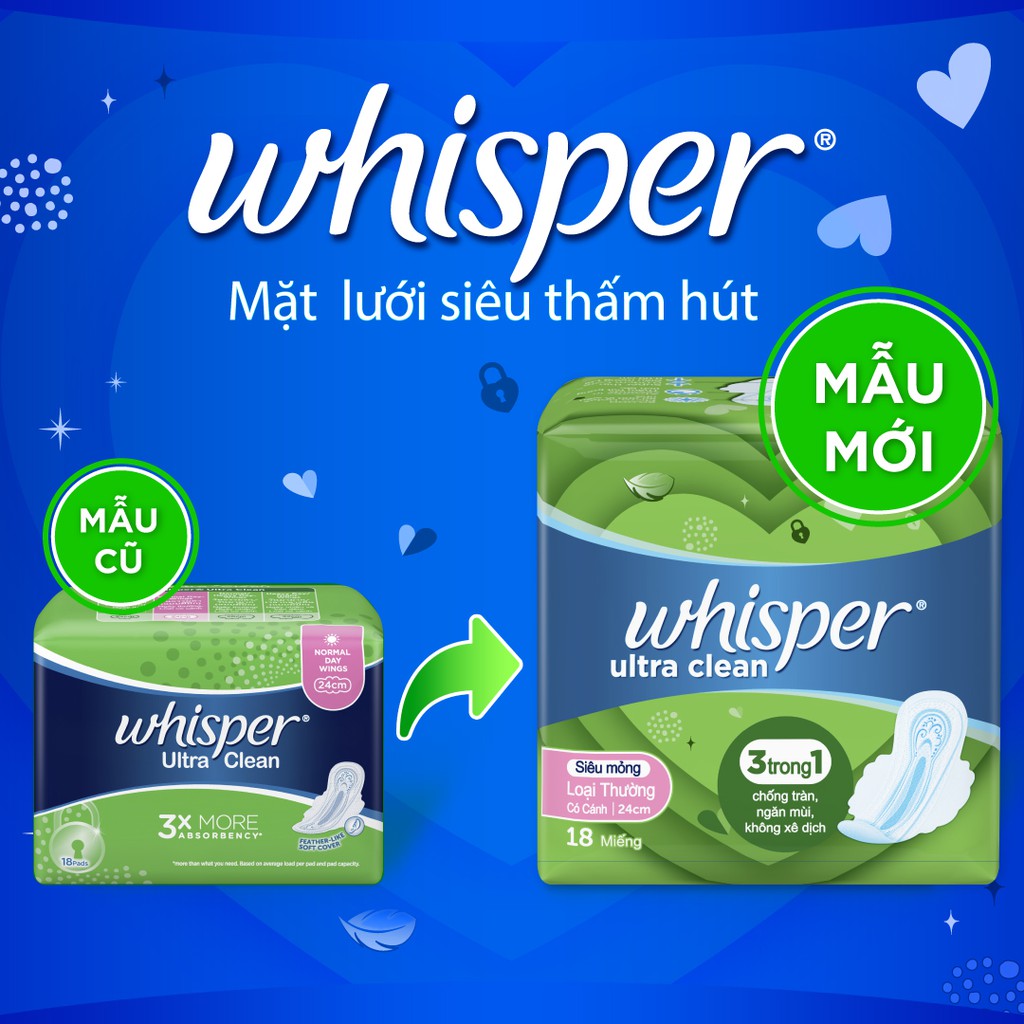 [Mã PGSBD giảm -8% đơn 250K] Băng vệ sinh Whisper Utra CLean 24cm ban ngày