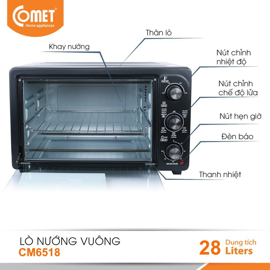 Lò Nướng Đối Lưu 28 Lít Comet CM6518NB - Tản nhiệt 2 chiều