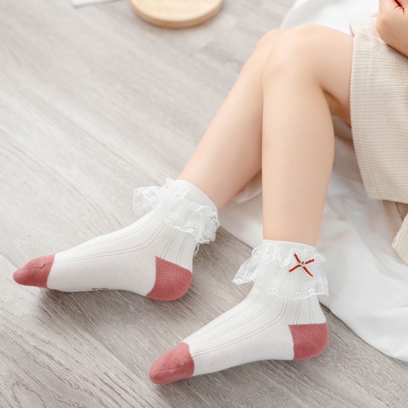 Vớ cotton phối ren nơ xinh xắn cho bé gái tùy chọn màu sắc