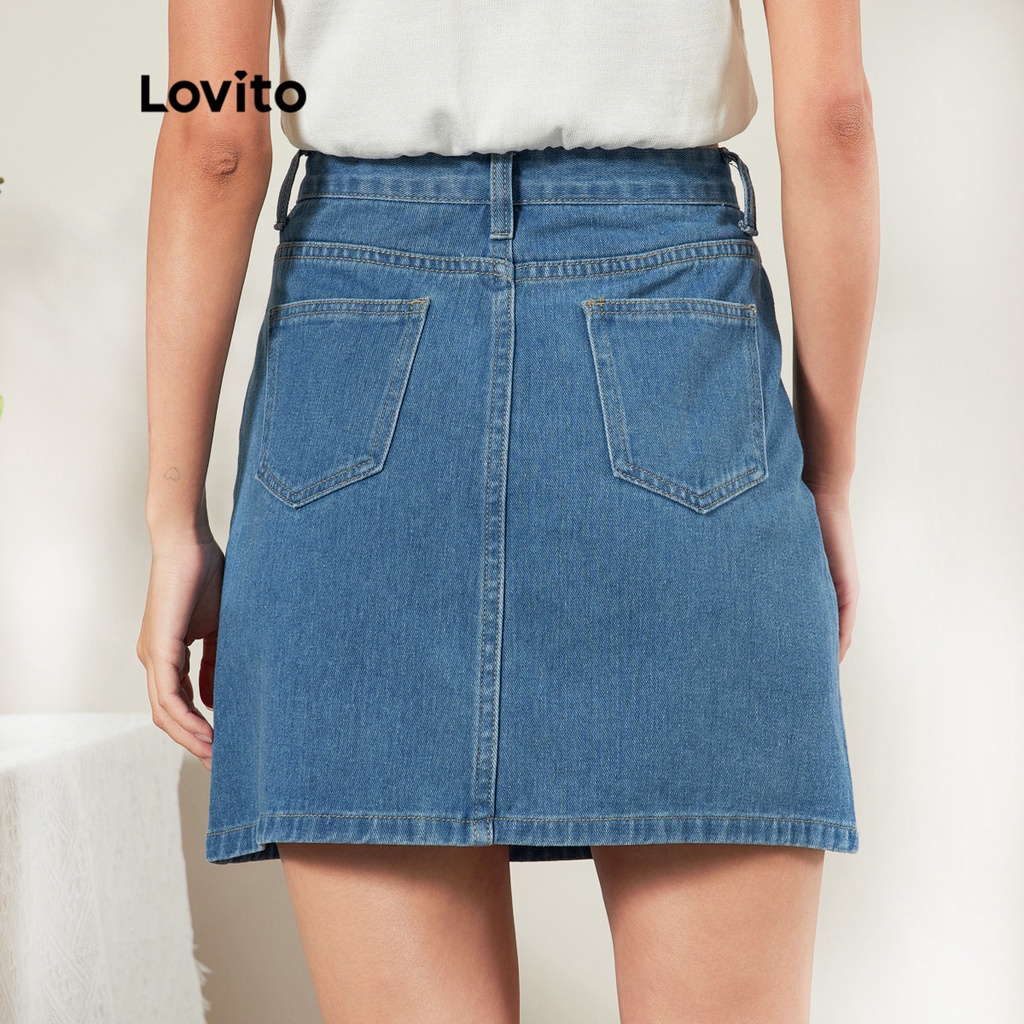 Chân váy denim Lovito thiết kế màu trơn có túi chất liệu dày dặn L25ED055 (màu xanh lam)