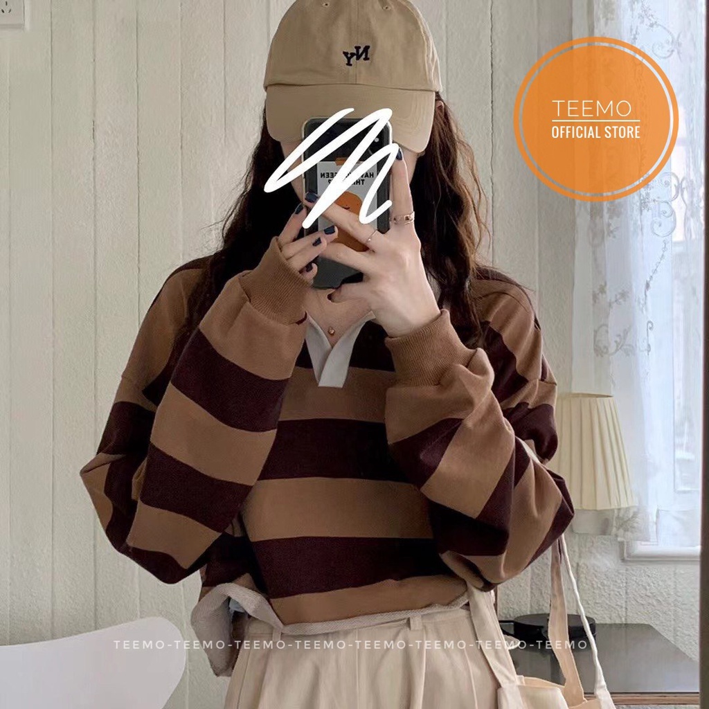 Áo croptop tay dài cổ polo,áo croptop nữ kẻ ngang chất cotton da cá cực hot 2110A36  (Có sẵn/ảnh thật)