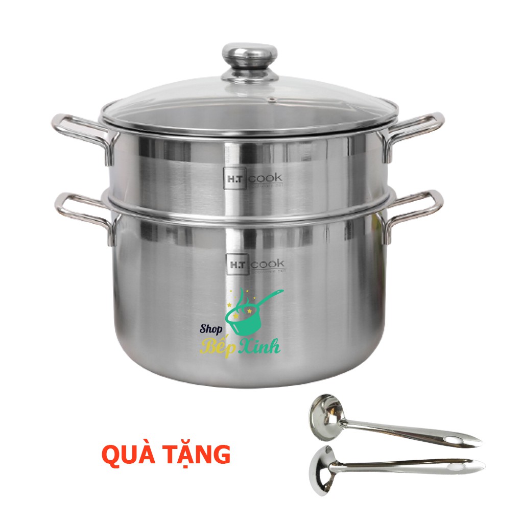 Bộ nồi xửng hấp H.T cook 1 đáy bếp từ nắp kính tặng 2 vá canh ( 28cm )