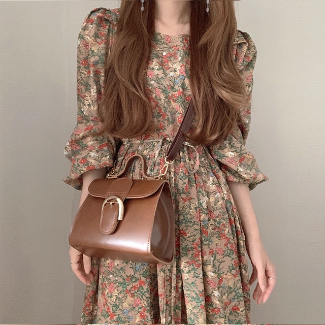 Đầm midi voan dài tay họa tiết hoa kiểu dáng phong cách retro 48456