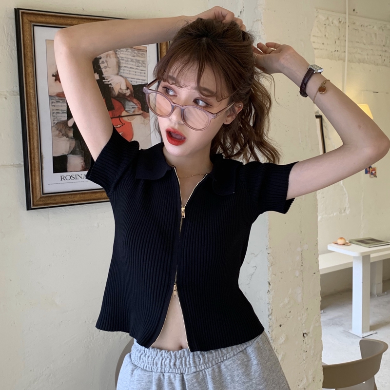 SUXI Áo Dệt Kim Ngắn Tay Phối Khóa Kéo Thời Trang Hàn Quốc Cho Nữ