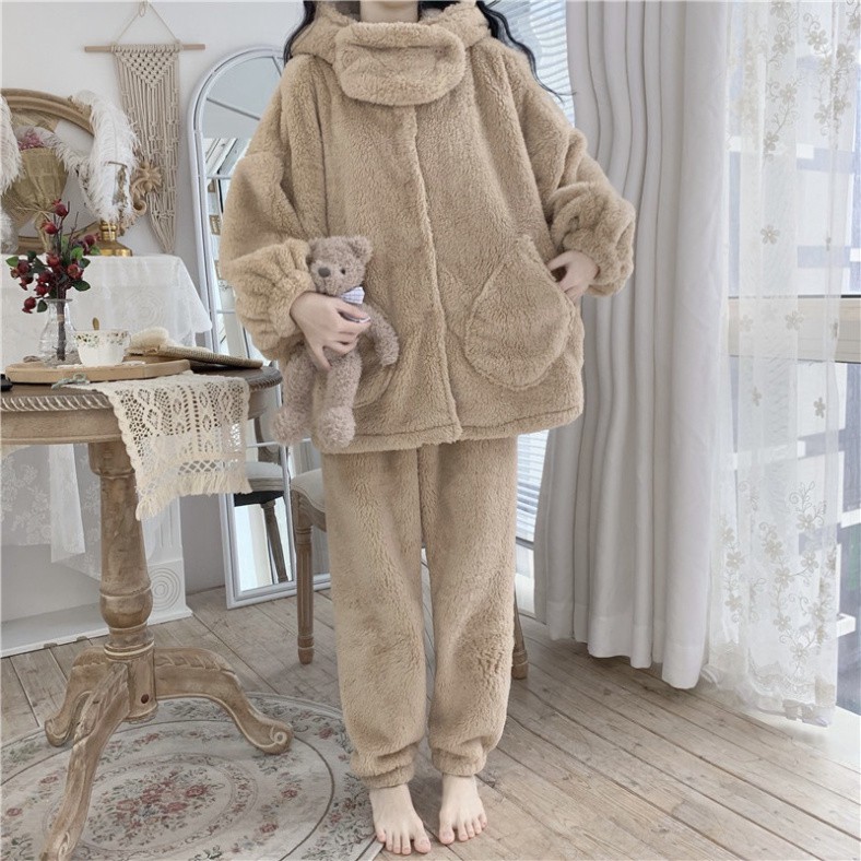 Bộ đồ ngủ mùa đông lông cừu giữ nhiệt tốt, nhung bông mềm mịn cho nữ siêu ấm, bộ mặc nhà nữ dày dặn có vòng cổ - Tjt Còi | BigBuy360 - bigbuy360.vn