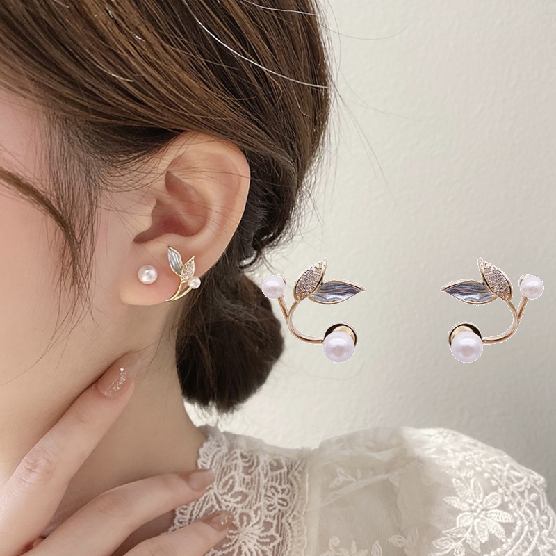 Bông Tai Hình Lá Nhỏ Đính Ngọc Trai Trong Suốt Phong Cách Hàn Quốc Thời Trang Xuân Hè Cao Cấp