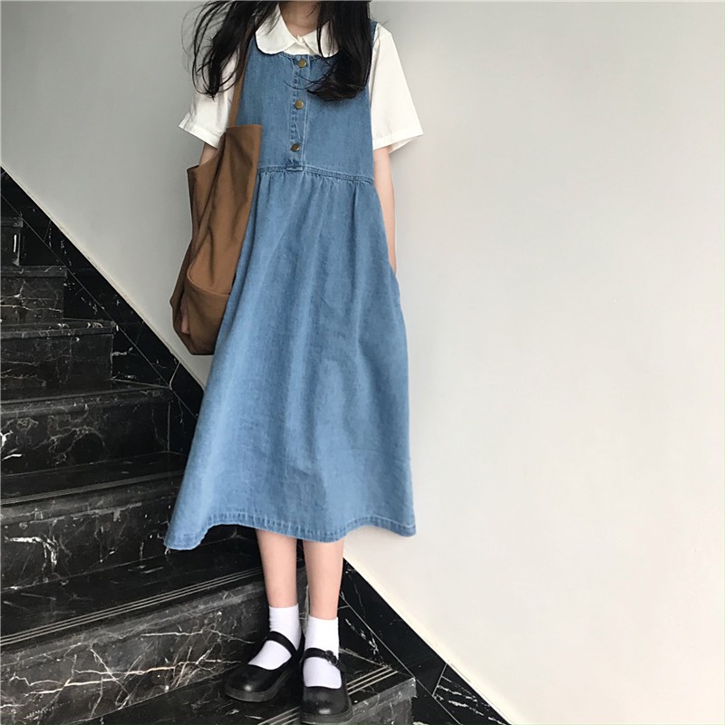 Váy yếm jean dài best seller phong cách nữ sinh Hàn Quốc cho ngày hè năng động (có cả áo trong)