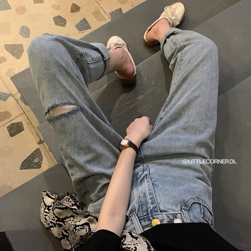 Quần Slim Baggy Denim Jean Nữ Lưng Chun 2 Nút Rách Gối Quảnh Châu