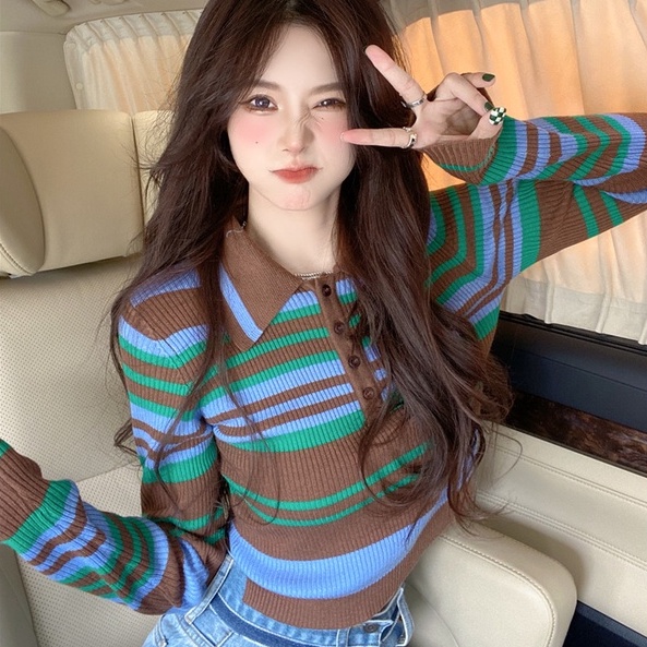 Áo sweater ZHELIHANGFEI dệt kim tay dài cổ polo eo cao kẻ sọc cá tính