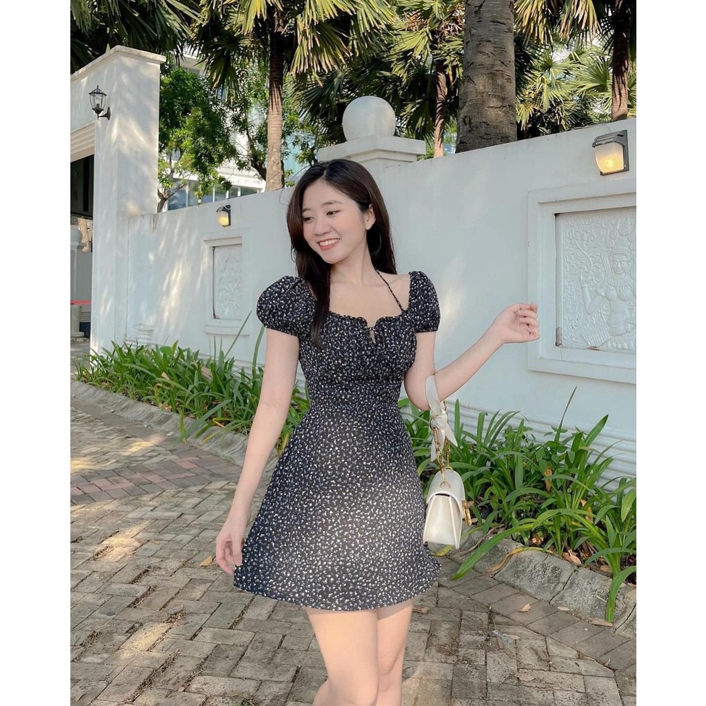 VÁY HOA NHÍ ĐEN CỔ CHUN DÂY ĐAN NGỰC