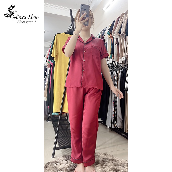 Bộ đồ ngủ pijama, bộ lụa quần dài áo ngắn tay màu trơn thiết kế viền cách điệu trẻ trung lịch sự Minxu Shop PT02