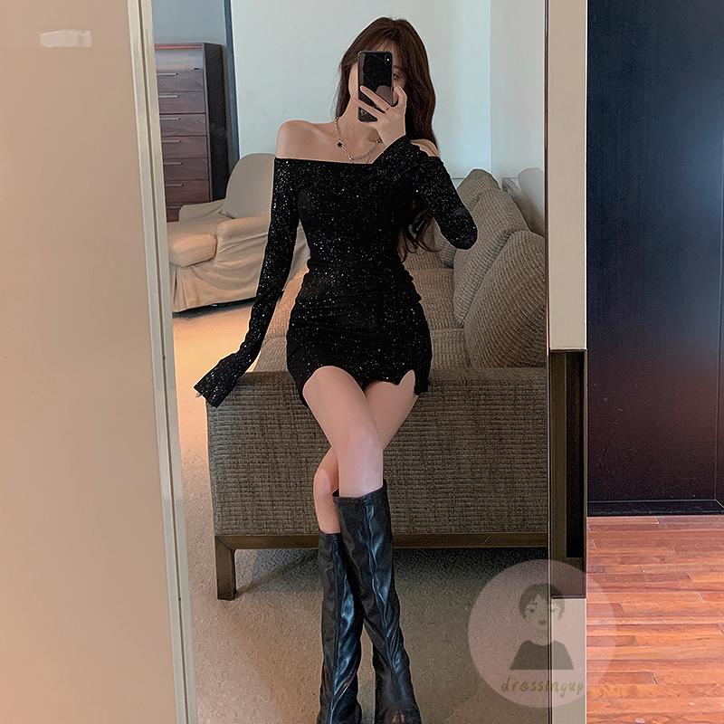 DRE-Women Wrap Slit Dress, Black Off-the-shoulder Long Sleeve Bodycon Dress with Rhinestone, S/ M/ L/ XL/ XXL