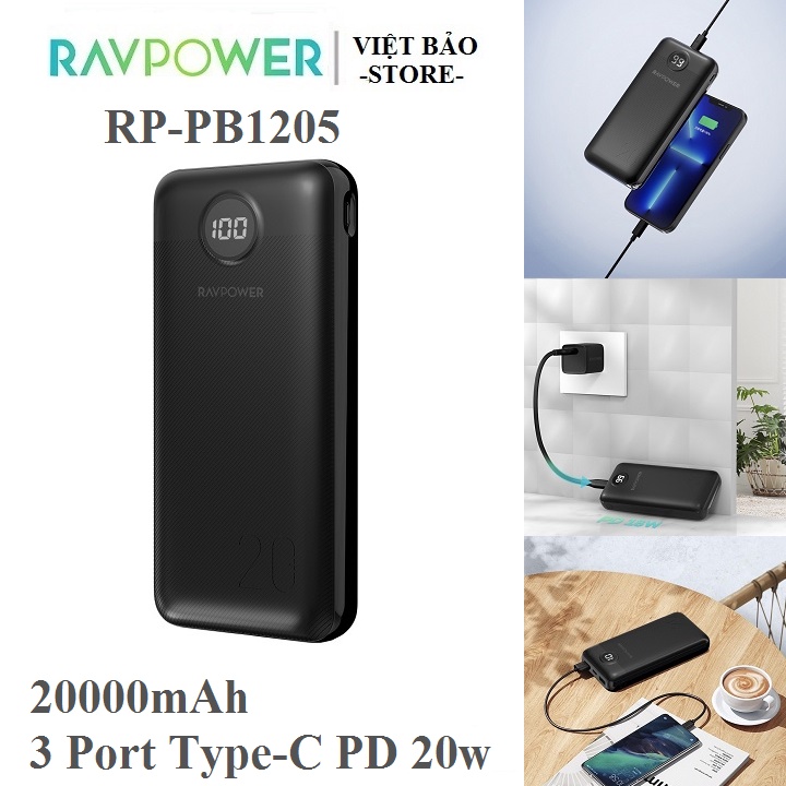 Pin dự phòng RAVPower RP-PB1205 dung lượng 20000mah, 3 port sạc nhanh PD 20w