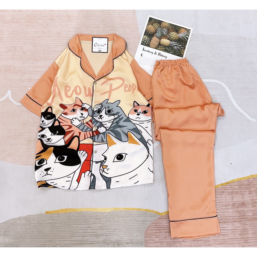 Đồ Bộ Pijama🌸Bộ Lụa Tay Ngắn-Quần Dài Chất Liệu SaTin Hoạ Tiết Mèo Xinh Xắn