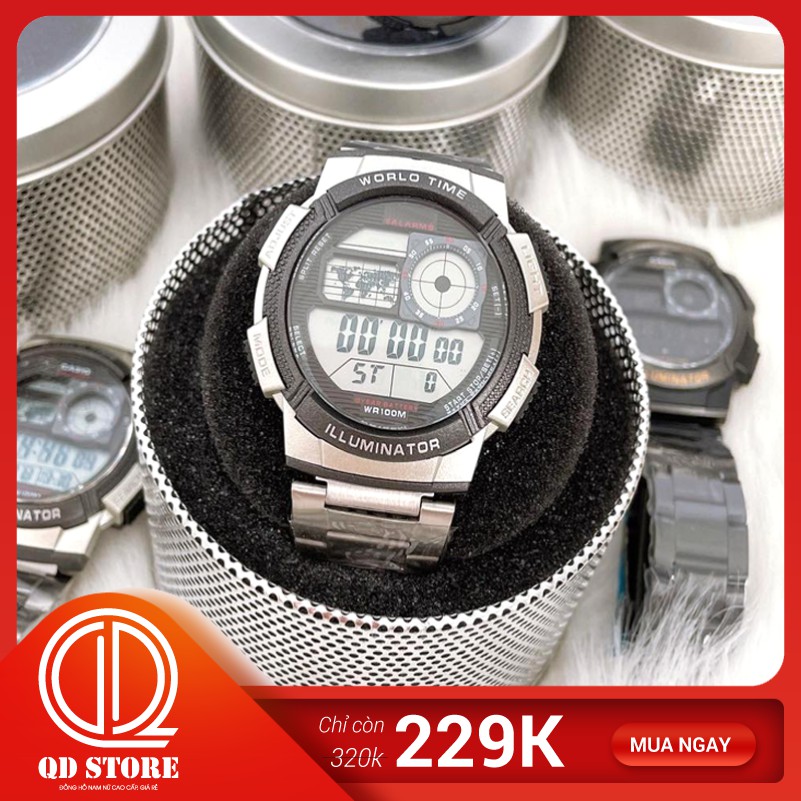 Đồng Hồ Điện Tử Nam 💖𝑭𝑹𝑬𝑬𝑺𝑯𝑰𝑷💖 Đồng Hồ Đeo Tay Casio AE 1000 Mặt Tròn, Dây Thép Không Gỉ