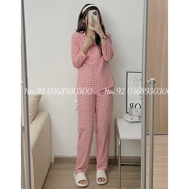 Bộ pijama chất đũi kẻ áo dài quần dài mặc nhà siêu thích, Đồ ngủ thu đông đũi mềm