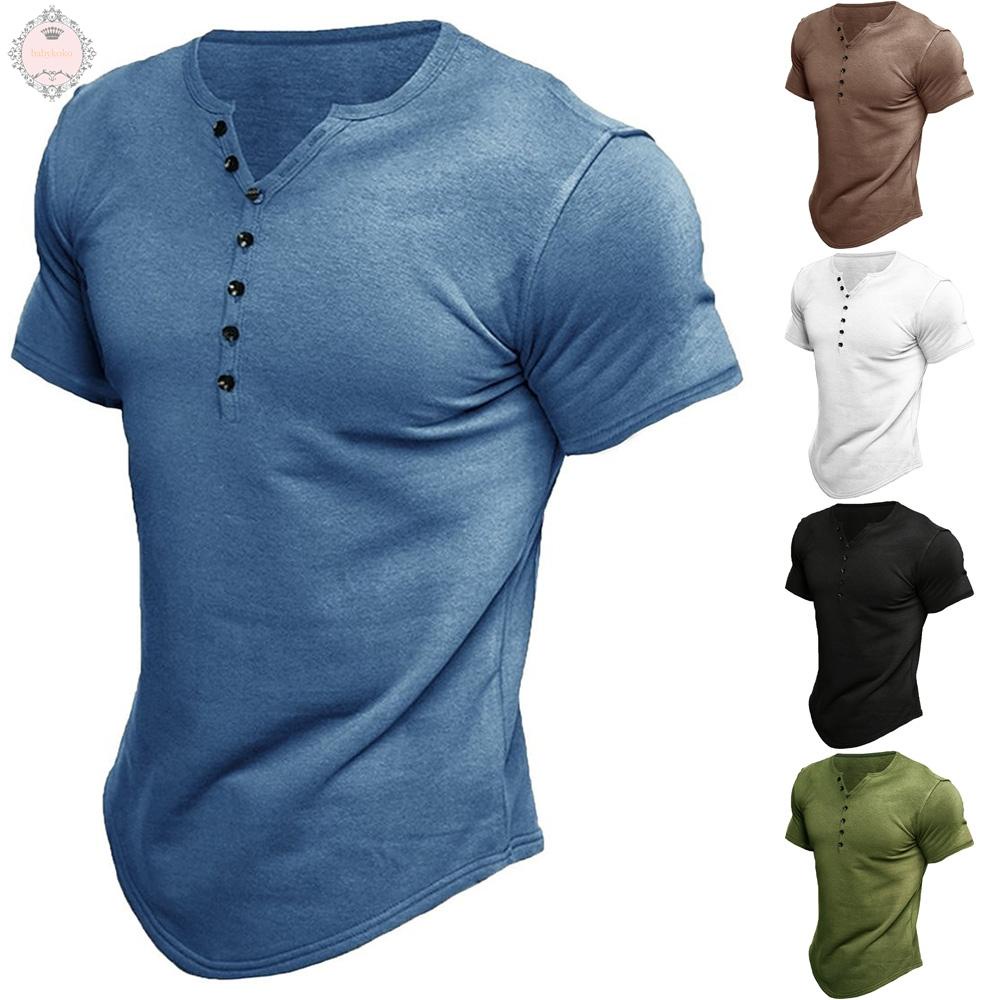 Summer European American Men Henley Shirt Short-Sleeved Solid Color T-Shirt Top