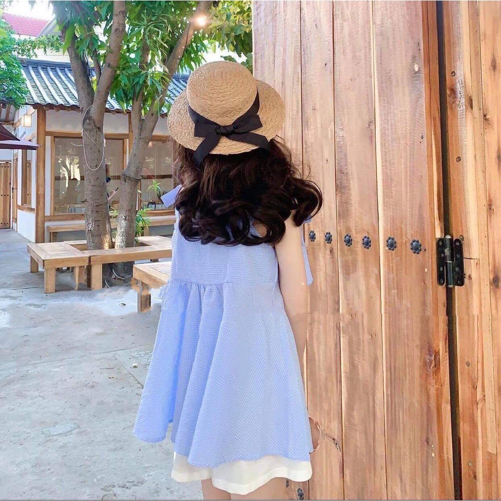 Set áo babydoll nơ vai kẻ xanh- Hai dây kẻ xanh đũi xốp kèm sooc trắng Mee