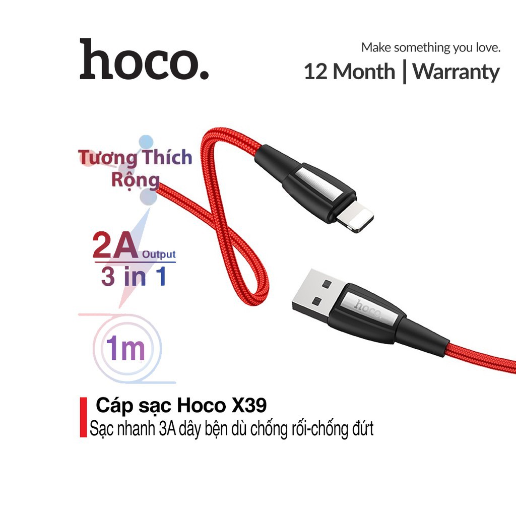 Cáp sạc nhanh Hoco X39 Lightning lõi dây gồm 2 lớp hạn chế rối dây dài 1M cho iPhone/iPad