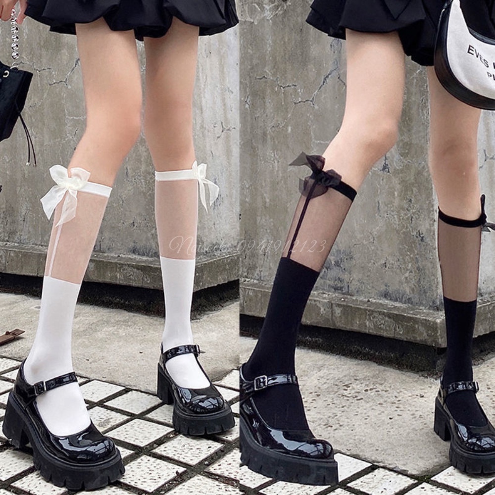 Tất vớ cao đến bắp chân Viền Trong Suốt Đính Nơ phong cách thời trang Lolita Nhật Bản, cá tính cho nữ - Noisocks
