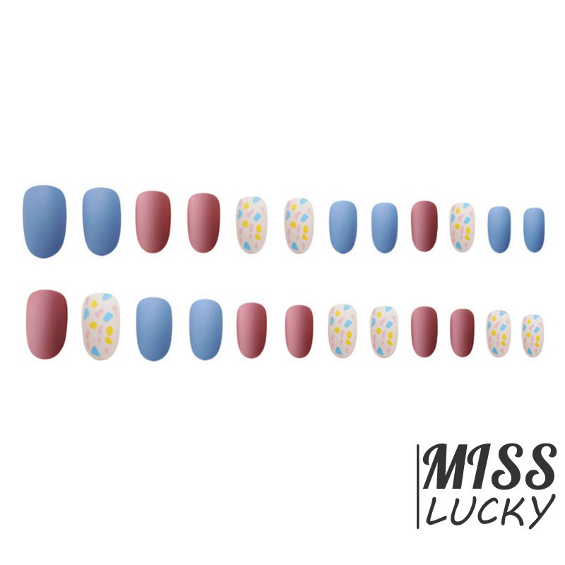 ❤HHN-VN 24PCS Fashionable Blue and Graffiti Pattern Wearable Fake Nails Short Round Head Lady Full Cover Finished Finger