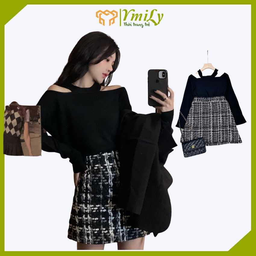 Set đồ nữ thời trang cực đẹp , Set áo đen tay dài + chân váy dạ đen kim tuyến cùng chất liệu đẹp nên tôn dáng cực đẹp