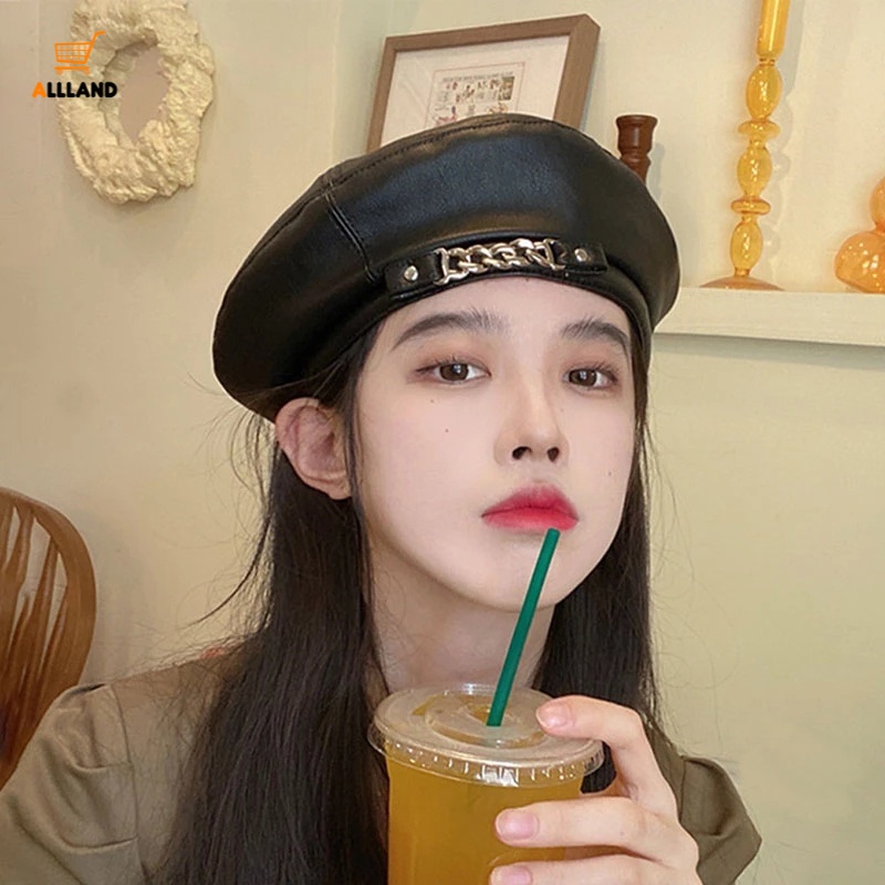 Mũ Beret Da Pu Màu Trơn Phối Dây Xích Kim Loại Thời Trang Xuân Thu Cá Tính Cho Nữ
