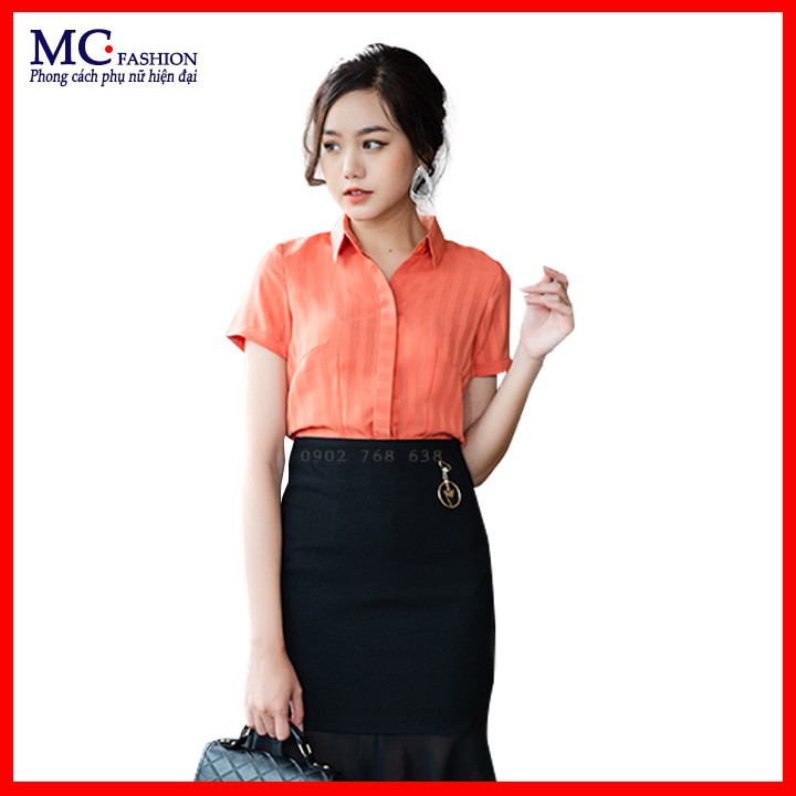 Áo Sơ Mi Nữ Công Sở Đẹp, Kẻ Sọc Có Cổ Đức Bẻ, 2 Màu( Xanh Đen Tím Than, Xanh Nhạt ) Mc Fashion A387