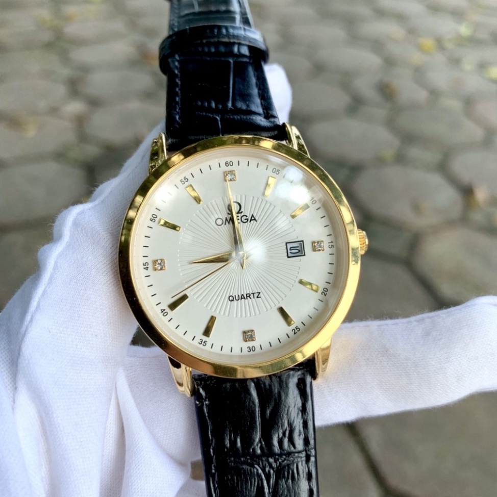 (omega nam) Đồng Hồ Nam omega OM075 Mặt vân chống nước, Chống xước tốt, dây da mềm, đính kim cương cao cấp.