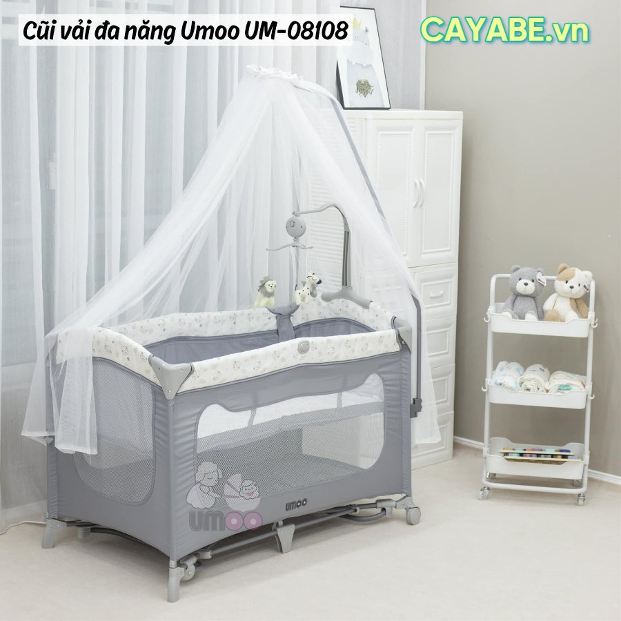 Nôi cũi vải cho bé gấp gọn Umoo UM-08108 hình cừu con đa năng - hạ thành 3 mức làm nôi cạnh giường, bập bênh, có bánh xe