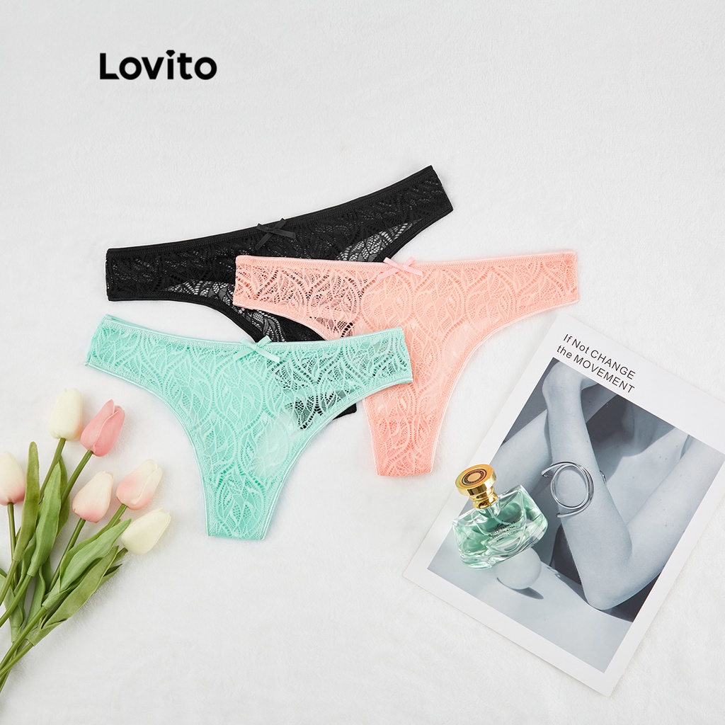 Lovito quần lót ren không co giãn L00107 (đen / xanh lá / hồng nhạt)