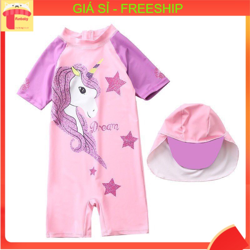 Đồ bơi bé gái 2-7 tuổi liền thân kèm mũ hình ngựa Pony Dream, Bộ bơi cho bé cao cấp vải co giãn cực tốt