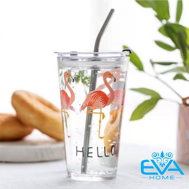 Cốc Thuỷ Tinh / Ly Thuỷ Tinh Uống Nước In Hình Dễ Thương Có Nắp Đậy Và Ống Hút Thuỷ Tinh Cao Cấp M2682