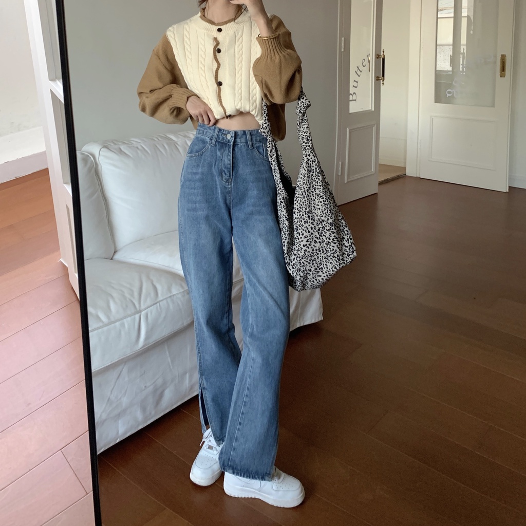 Quần jeans dài lưng cao ống rộng thời trang cho nữ