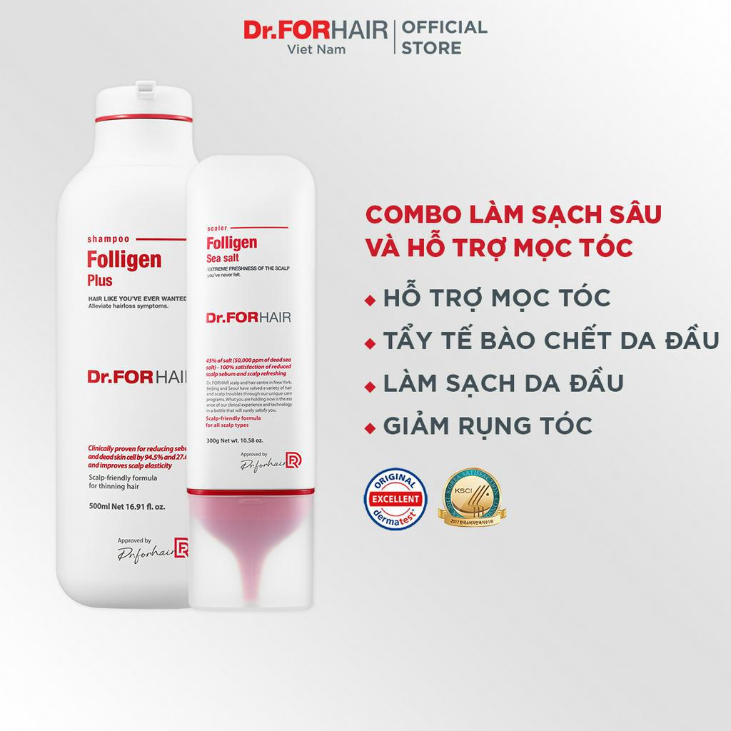 Combo dầu gội đầu ngăn ngừa rụng tóc, giảm dầu Dr.FORHAIR Folligen Plus Shampoo 500ml x Sea Salt Scaler 300g