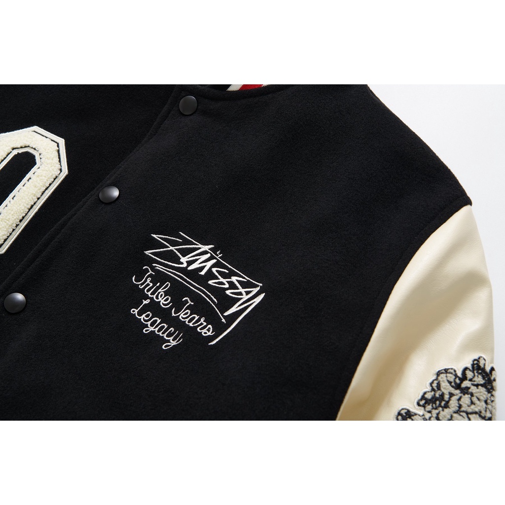 Áo Khoác STUSSY X OUR LEGACY X DENIM TEARS VARSITY JACKET, Màu đen, Tay da trắng BapeVN