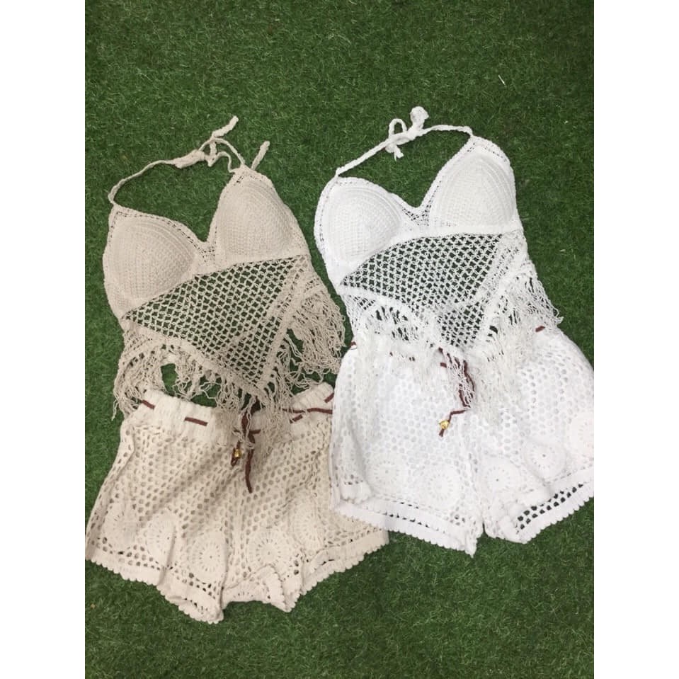 Set ren dệt kim bikini đi biển dáng mới nhiều màu sexy gợi cảm