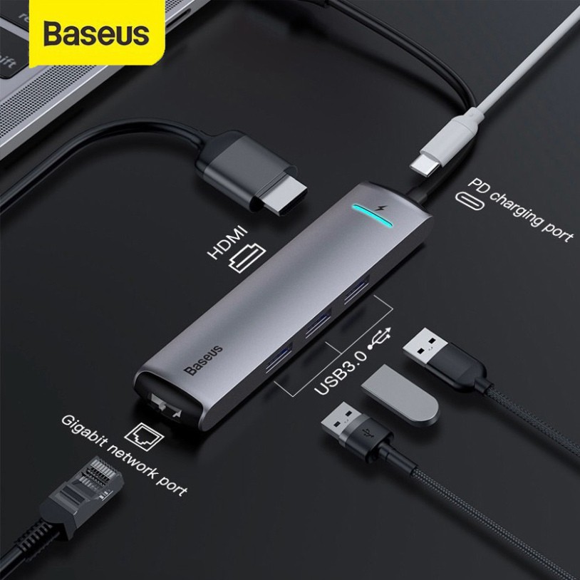 Hub chuyển Baseus Mechanical Eye 6 in 1 Smart Hub (Type C to 3x USB 3.0, HDMI 4K, LAN RJ-45, Type C PD)