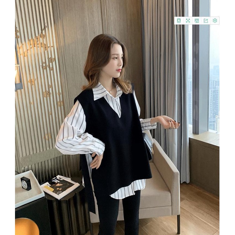 Set áo sơ mi + áo gile len không tay màu đen thời trang cổ điển cho nữ (có bán lẻ)