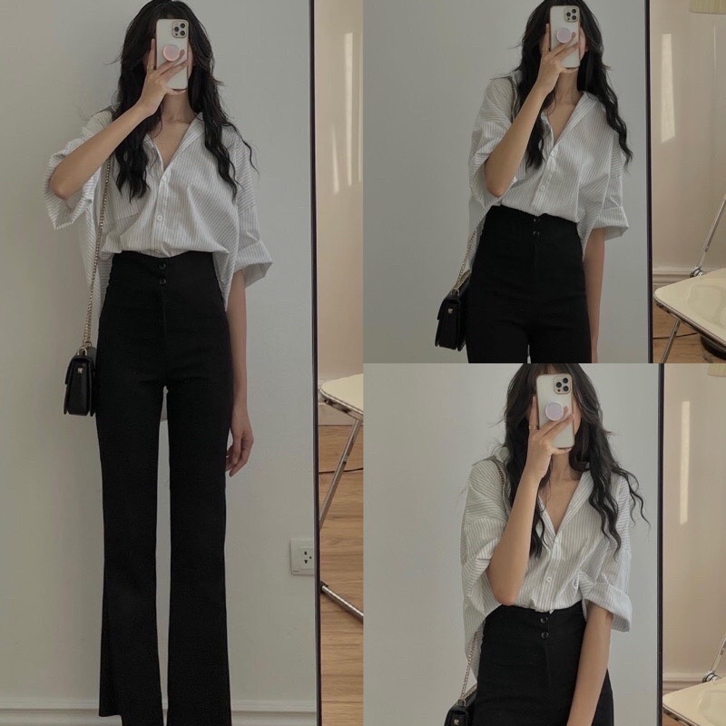 Áo sơmi kẻ cổ đức tay lỡ có túi ngực from rộng