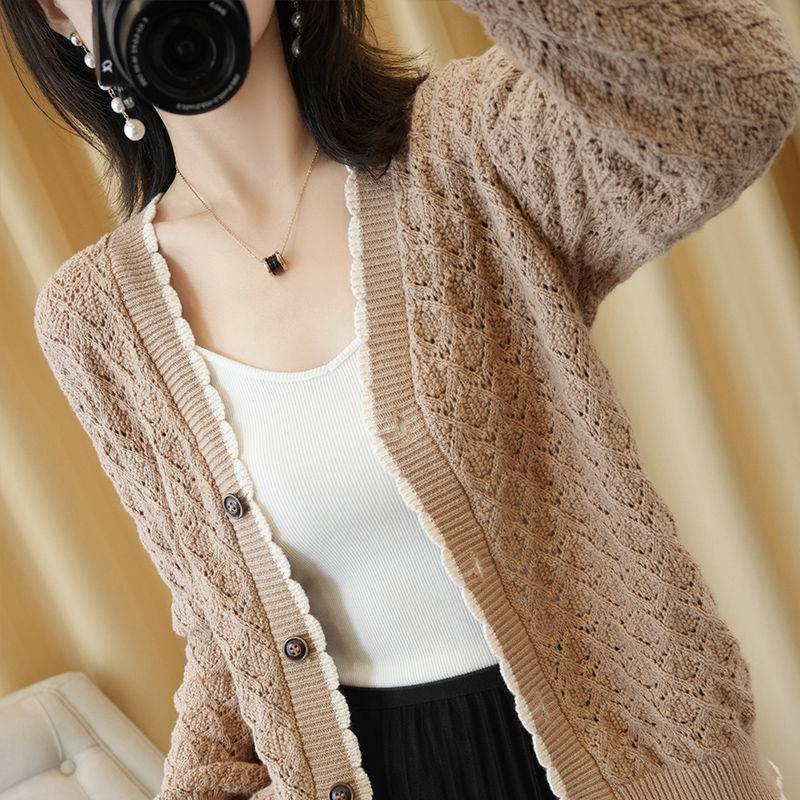 Áo Khoác Cardigan Dệt Kim Mỏng Dáng Rộng Màu Trơn Phối Nút Phong Cách Phương Tây Mới 2021