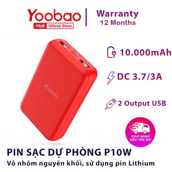 [TẶNG DÂY CÁP] Sạc dự phòng mini 10000mAh YOOBAO P10W Sạc nhanh nhiều thiết bị- Nhỏ gọn, tiện lợi