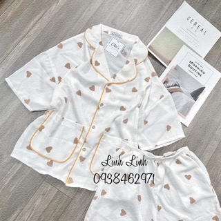 pijama cánh dơi lụa mango hoạ tiết trái tim