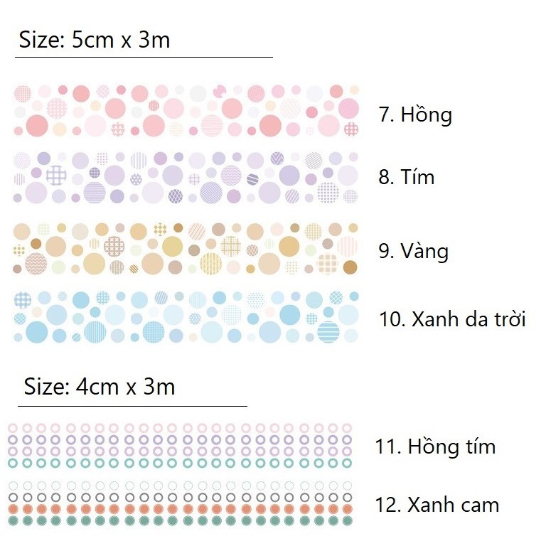 Băng dính washi tape chấm bi trang trí planner WST126