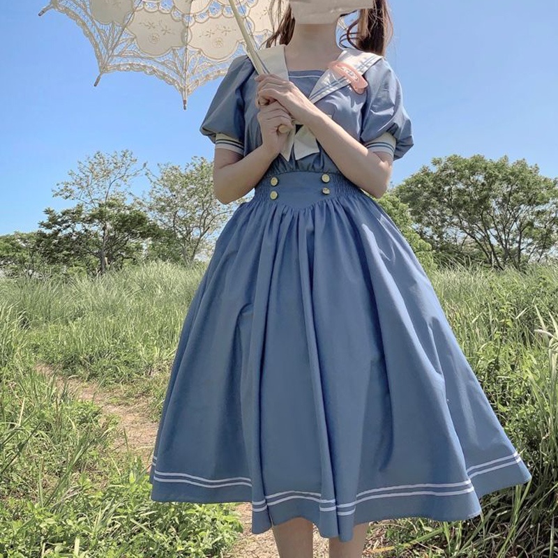 Đầm Nữ Ngắn Tay Cổ Thủy Thủ Phong Cách lolita Nhật Bản Đáng Yêu