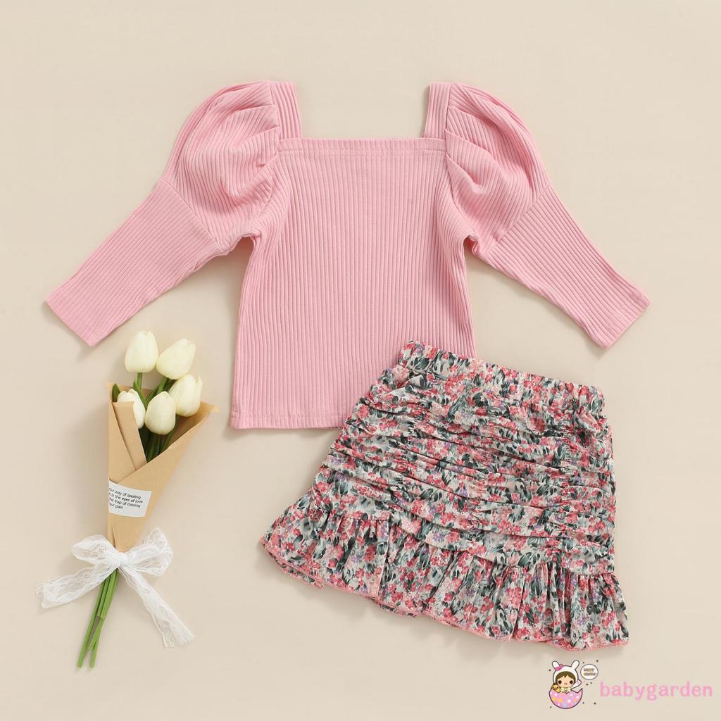 Bộ áo cổ vuông tay dài + chân váy ngắn lưng thun in hoa màu sắc xinh xắn cho bé gái