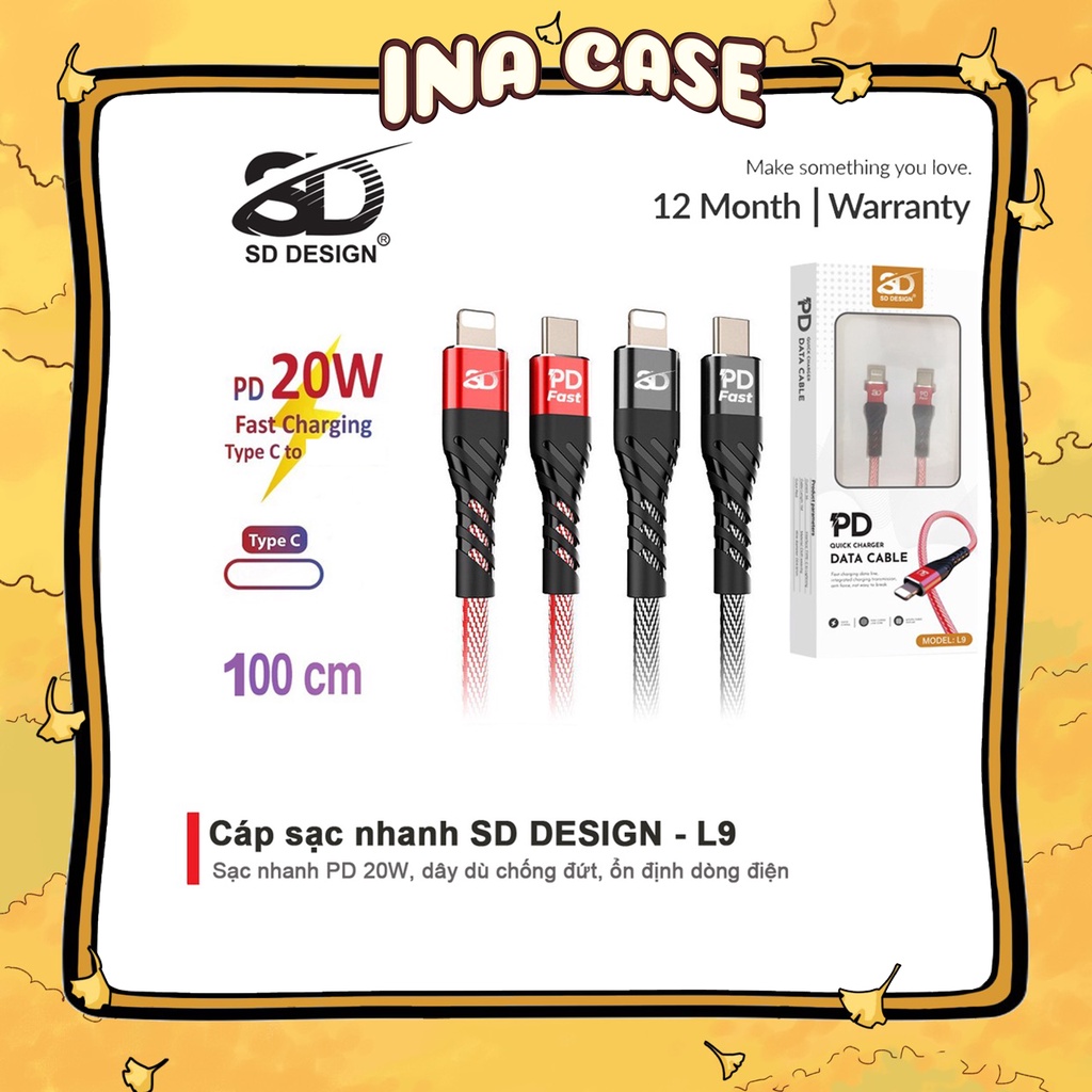 Cáp sạc PD 20W L9 chính hãng SD Design, chân sạc USB C Sang Lighting dây dù chống đứt cho ip 6 đến 13 pro max