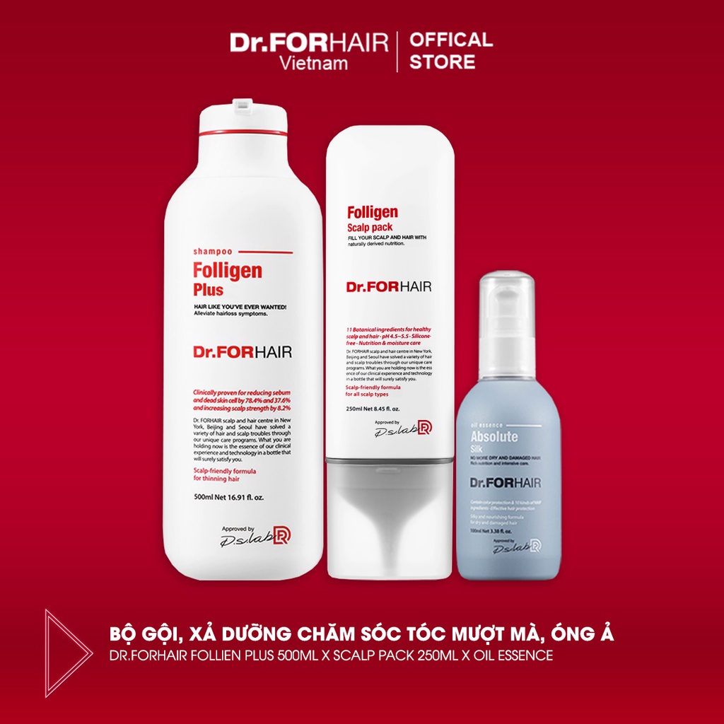 Bộ sản phẩm chăm sóc tóc MƯỢT MÀ, ÓNG Ả của Dr.FORHAIR Follien Plus x Scalp Pack x Oil Essence