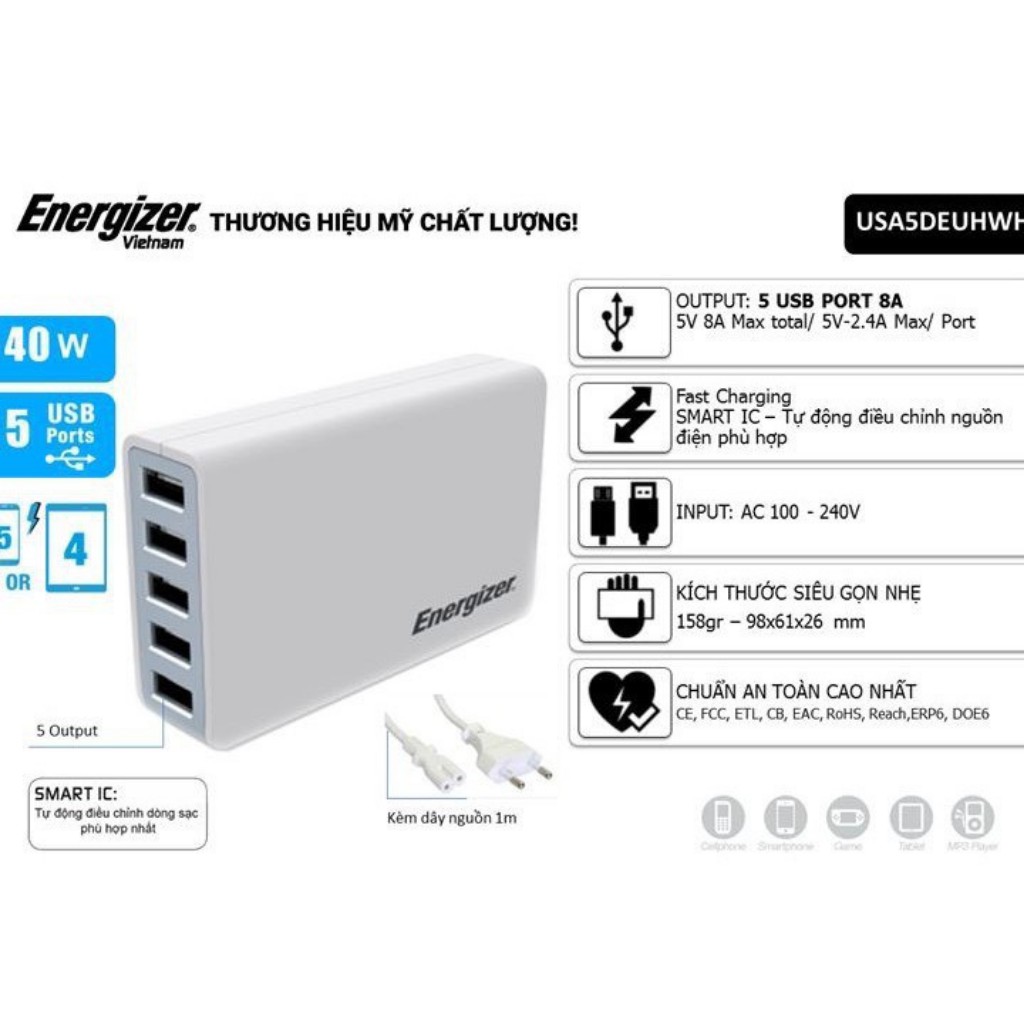 Củ sạc 5 cổng Energizer 40W (5V-8A) tương thích đa thiết bị Fullbox chính hãng